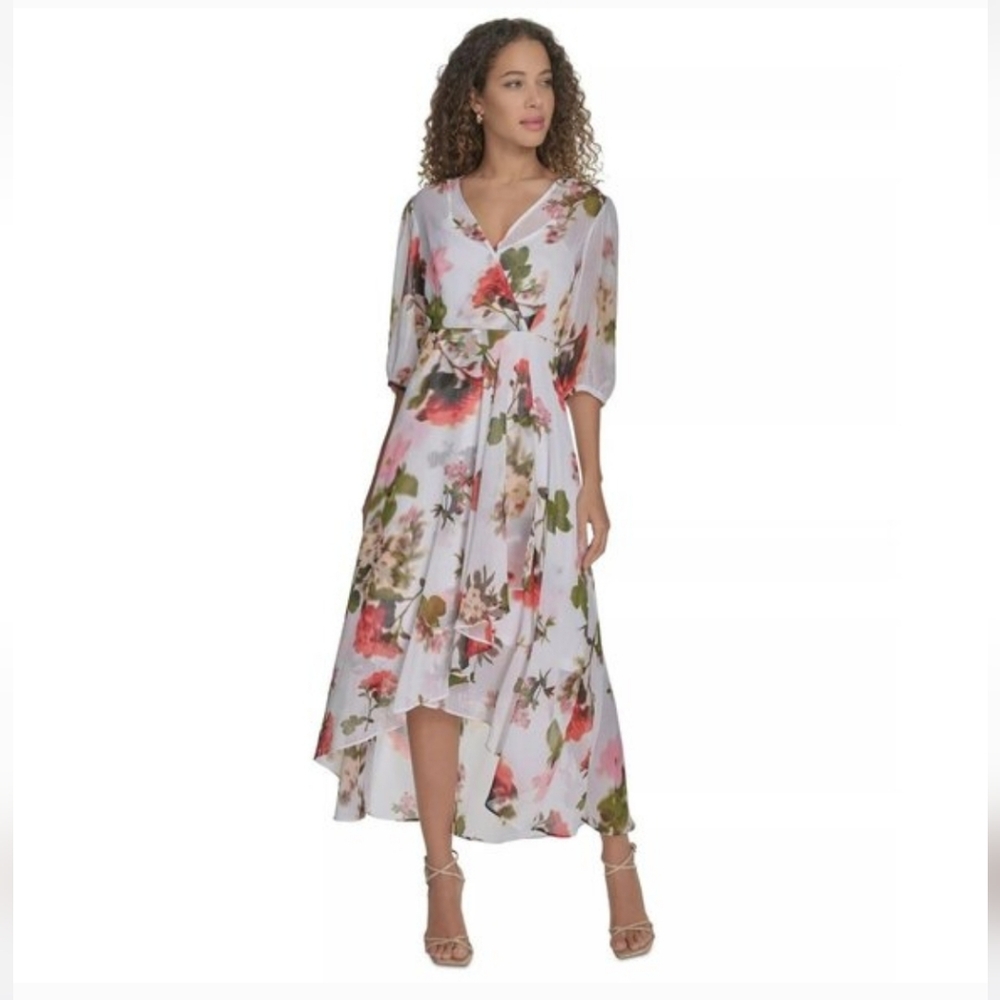 Calvin KleinWomen's Floral-print Faux-wrap Chiffon High-low Dress Sz 4 NWT - Picture 3 of 16